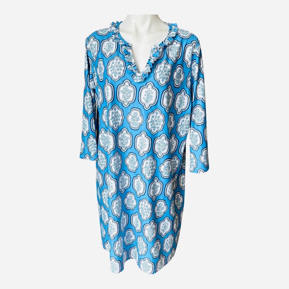 Smith & Quinn Luca Dress Herb Garden Tile Blue White Green Sz XXL Ruffle V-Neck